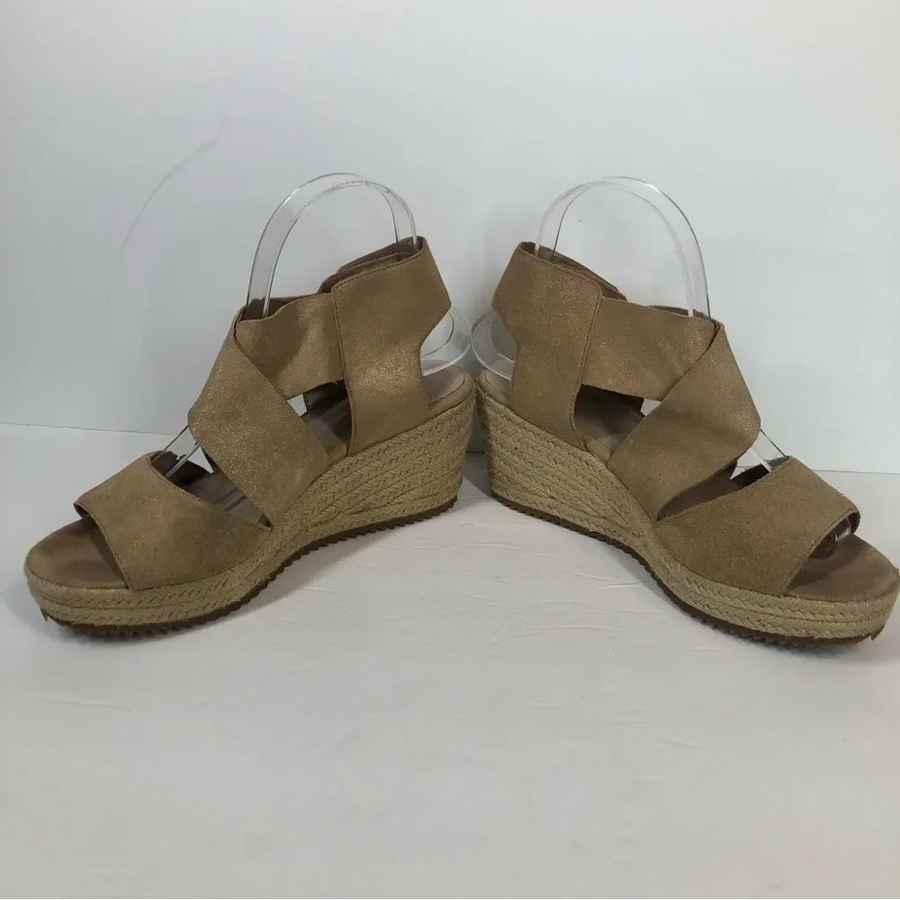 Eileen Fisher Willow Tumbled Leather Wedge Espadrille Sandals Shoes Tan 7.5